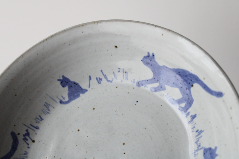 photo of handcrafted artisan pottery bowl, blue cat silhouettes hand thrown clay artist signed  #3