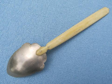 photo of hand-crafted bone handled tin spoon, serving utensil w/ inlaid handle #4