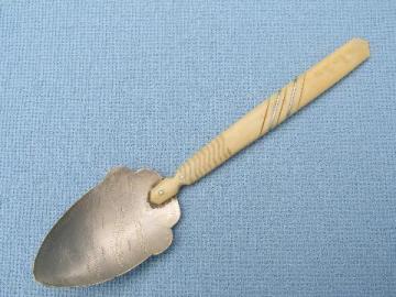 catalog photo of hand-crafted bone handled tin spoon, serving utensil w/ inlaid handle