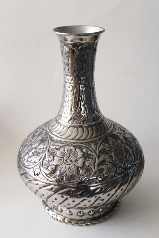 photo of handcrafted chased metal vase, bohemian floral tall bottle shape silver tin on steel #1