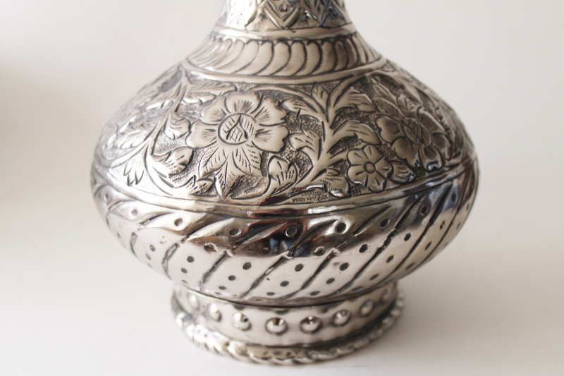 photo of handcrafted chased metal vase, bohemian floral tall bottle shape silver tin on steel #2