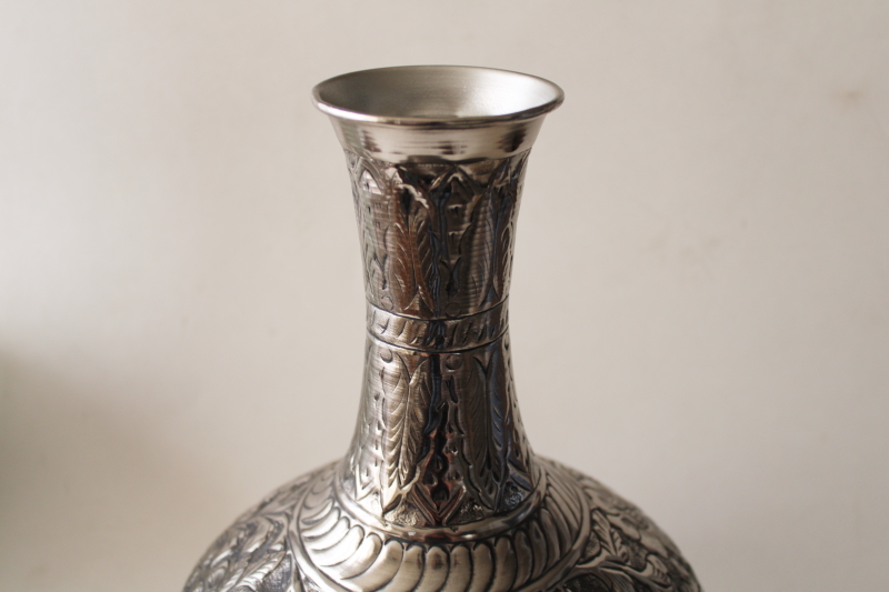 photo of handcrafted chased metal vase, bohemian floral tall bottle shape silver tin on steel #3