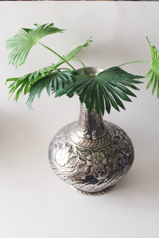 photo of handcrafted chased metal vase, bohemian floral tall bottle shape silver tin on steel #6