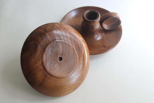 photo of handcrafted lathe turned walnut wood candle holders, finger ring chamber candlesticks #2