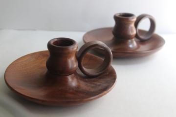 catalog photo of handcrafted lathe turned walnut wood candle holders, finger ring chamber candlesticks