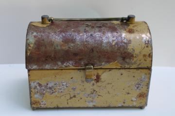 catalog photo of handcrafted metal box bag, heavy steel lunchbox style treasure chest or punk goth purse 