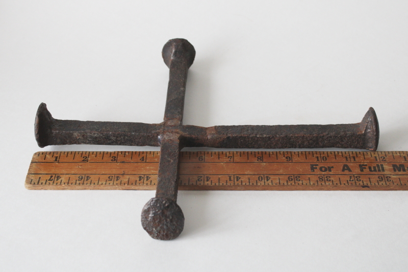 photo of handcrafted rustic cross, welded iron railroad spikes primitive western style grave marker memorial #4