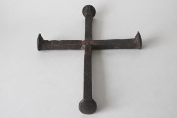 catalog photo of handcrafted rustic cross, welded iron railroad spikes primitive western style grave marker memorial 