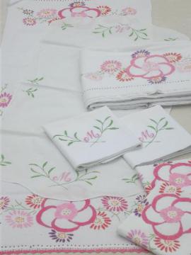 catalog photo of hand-embroidered cotton bed linens, M monogram vintage pillowcases & sheet set