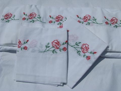 photo of hand-embroidered vintage cotton bed linens, red roses sheet & pillowcases #1