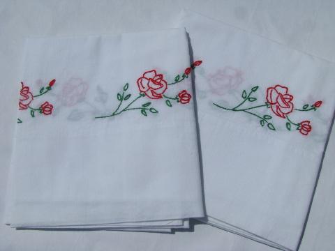 photo of hand-embroidered vintage cotton bed linens, red roses sheet & pillowcases #2