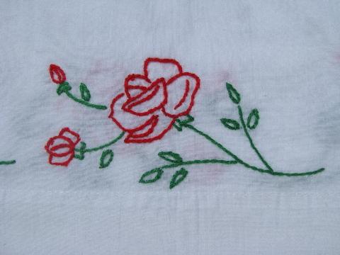 photo of hand-embroidered vintage cotton bed linens, red roses sheet & pillowcases #3