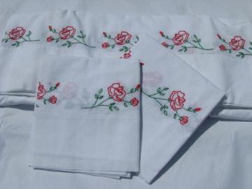 catalog photo of hand-embroidered vintage cotton bed linens, red roses sheet & pillowcases