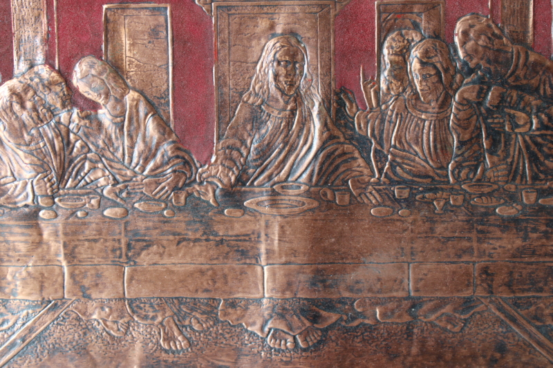 photo of handmade 1970s vintage tooled copper The Last Supper picture in wood frame #2