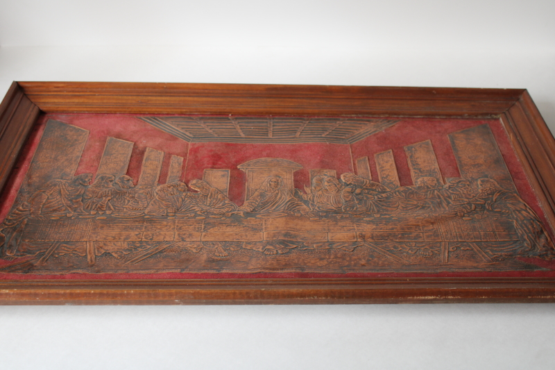 photo of handmade 1970s vintage tooled copper The Last Supper picture in wood frame #3