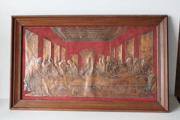 catalog photo of handmade 1970s vintage tooled copper The Last Supper picture in wood frame 