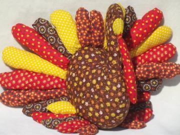 catalog photo of handmade Thanksgiving turkey stuffed soft sculpture in vintage calico prints