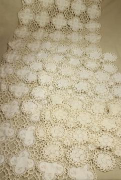 catalog photo of handmade antique linen and lace placemats & table runner, round fabric motifs joined w/ crochet