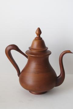catalog photo of handmade carved wood whimsy, Alice in Wonderland style life sized decorative teapot 