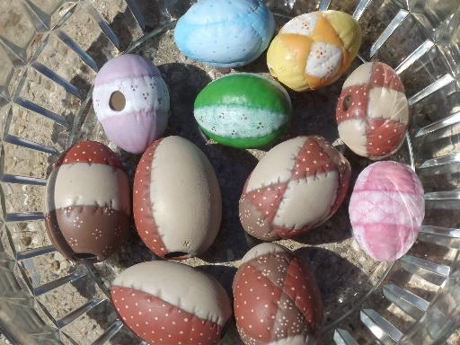 photo of handmade ceramic Easter eggs, retro 70s 80s country quilt patchwork #1