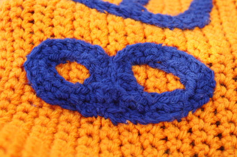 photo of handmade crochet afghan Chicago Bears blue & orange team colors, fan art football game watching blanket  #3