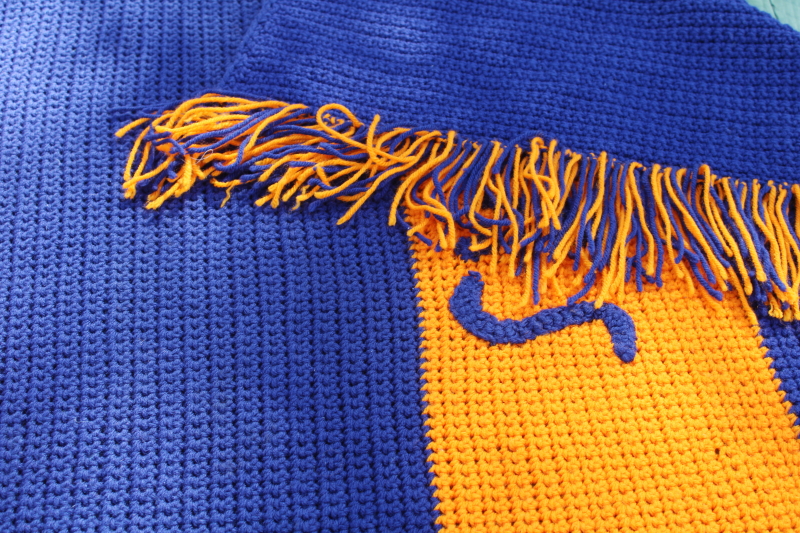photo of handmade crochet afghan Chicago Bears blue & orange team colors, fan art football game watching blanket  #4