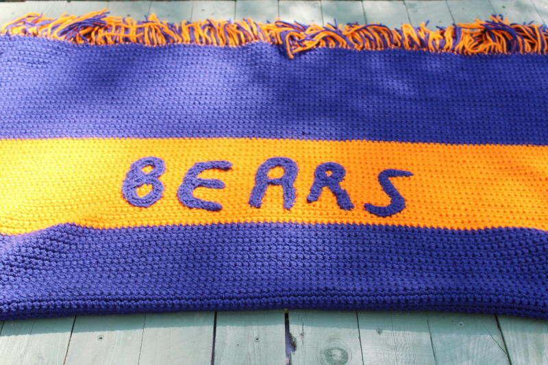 photo of handmade crochet afghan Chicago Bears blue & orange team colors, fan art football game watching blanket  #5