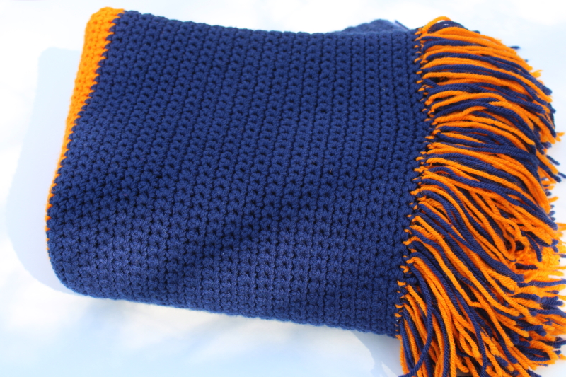 photo of handmade crochet afghan Chicago Bears blue & orange team colors, fan art football game watching blanket  #6