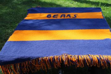 handmade crochet afghan Chicago Bears blue & orange team colors, fan art football game watching blanket 