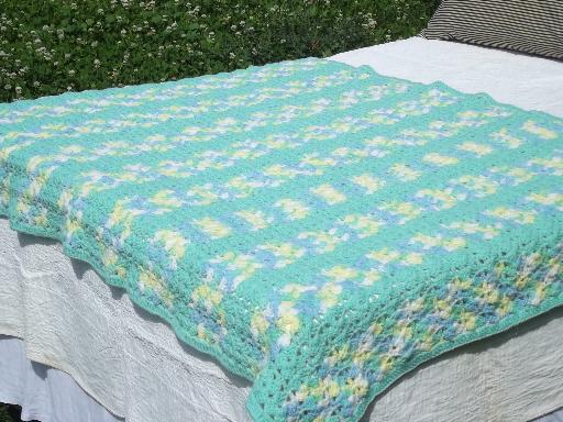 photo of handmade crochet baby blanket afghan, soft green, yellow, sky blue #1