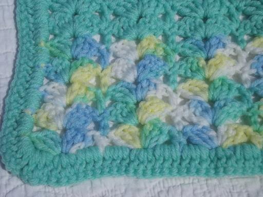 photo of handmade crochet baby blanket afghan, soft green, yellow, sky blue #3