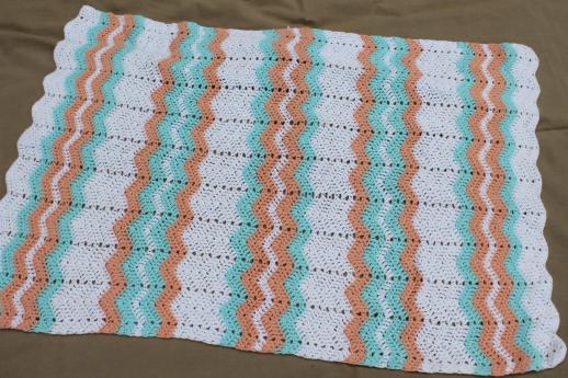 photo of handmade crochet baby blanket afghan, striped chevrons in coral & mint green #1