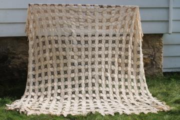 catalog photo of handmade crochet lace bedspread, queen size vintage cottagecore ecru cotton lace spread 