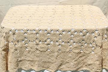 catalog photo of handmade crochet lace oval tablecloth, lacy shabby chic vintage ecru cotton table cover