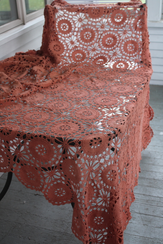 photo of handmade crochet lace tablecloth or bedspread throw, russet red orange color #1