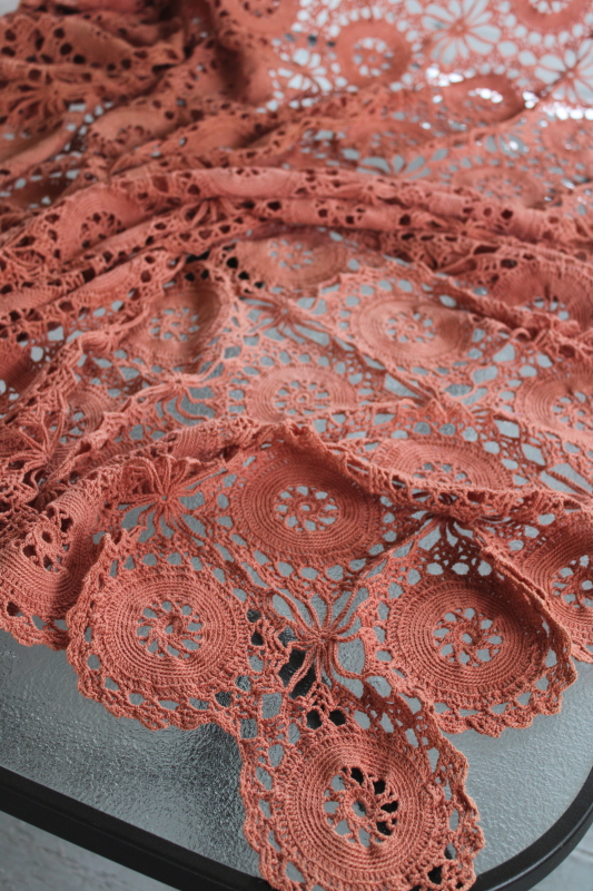 photo of handmade crochet lace tablecloth or bedspread throw, russet red orange color #2