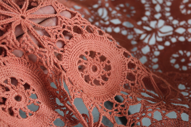 photo of handmade crochet lace tablecloth or bedspread throw, russet red orange color #3