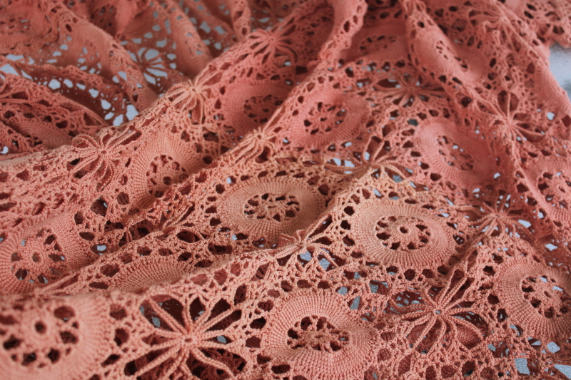 photo of handmade crochet lace tablecloth or bedspread throw, russet red orange color #4