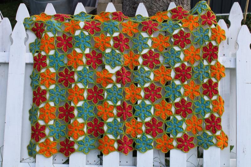 photo of handmade flowers crochet afghan, vintage wool throw blanket orange red aqua w/ green #1