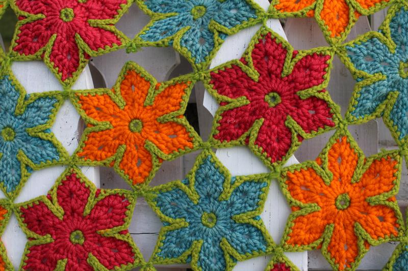 photo of handmade flowers crochet afghan, vintage wool throw blanket orange red aqua w/ green #2