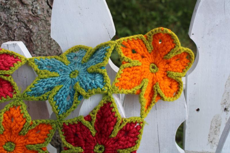 photo of handmade flowers crochet afghan, vintage wool throw blanket orange red aqua w/ green #3