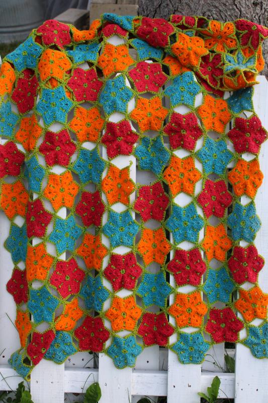 photo of handmade flowers crochet afghan, vintage wool throw blanket orange red aqua w/ green #5