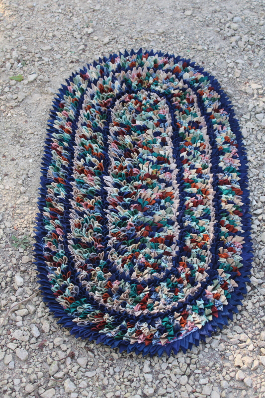 photo of handmade folk art rug, denim w/ poly fabric shag texture, tweed neutral colors & navy blue  #1