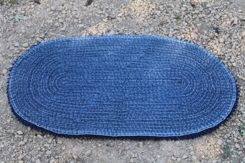 photo of handmade folk art rug, denim w/ poly fabric shag texture, tweed neutral colors & navy blue  #3