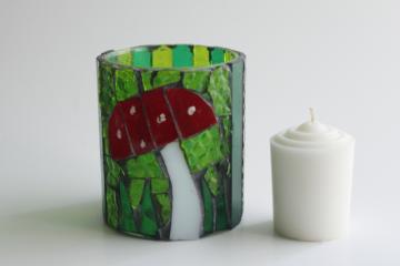 handmade glass mosaic magic mushroom red toadstool candle holder for tea light votive 