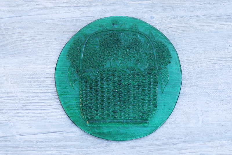 photo of handmade glass suncatcher, teal green pressed glass plate, Nantucket basket of flowers #2