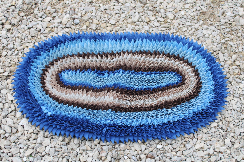 photo of handmade hippie vintage throw rug, sawtooth shag texture rag rug upcycled fabric shades of blue  #1