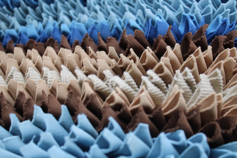 photo of handmade hippie vintage throw rug, sawtooth shag texture rag rug upcycled fabric shades of blue  #5