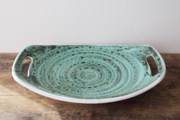 catalog photo of handmade in Norway vintage pottery tray w/ green malachite glaze, KBF or Elle?