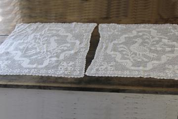 catalog photo of handmade lace window curtain panels, french country farmhouse vintage crochet geese